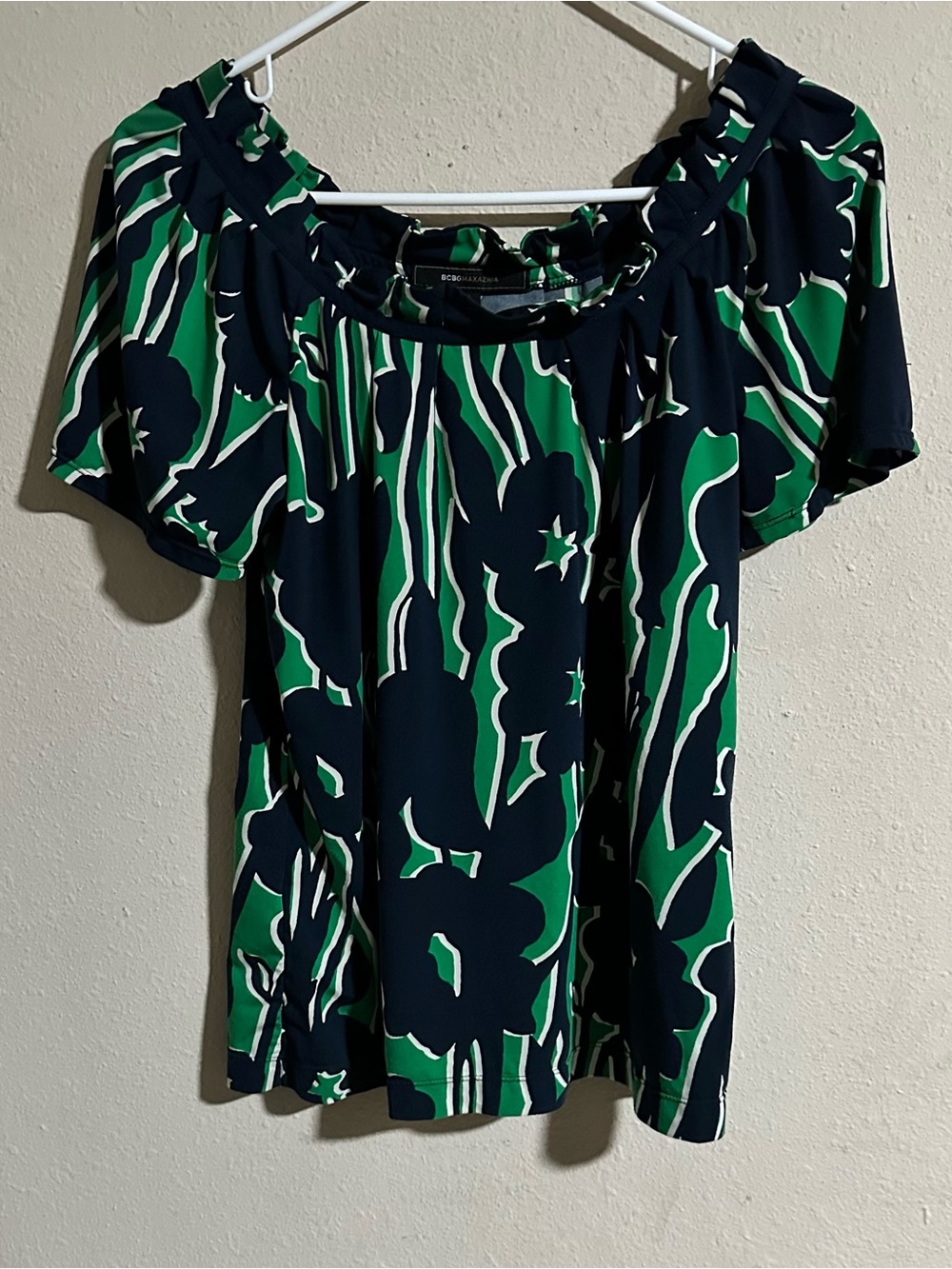 BCBGMaxAzria Navy and Green Floral Off-Shoulder Top
